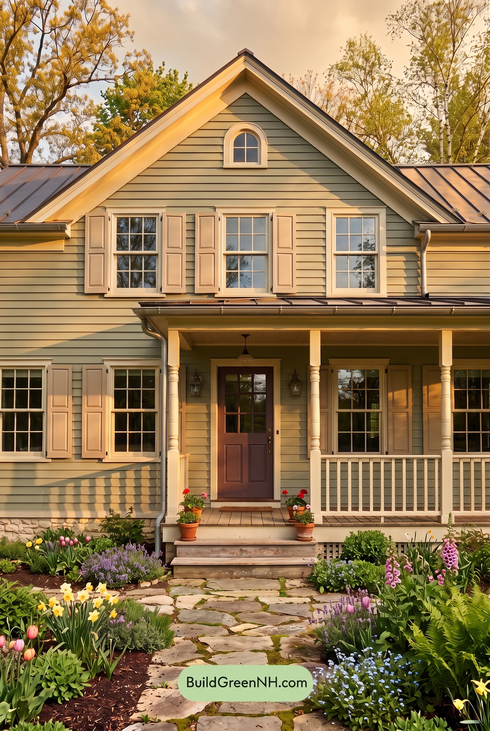 Green Farmhouse Exterior Color Scheme: Willow Cream Glow - Golden Hour