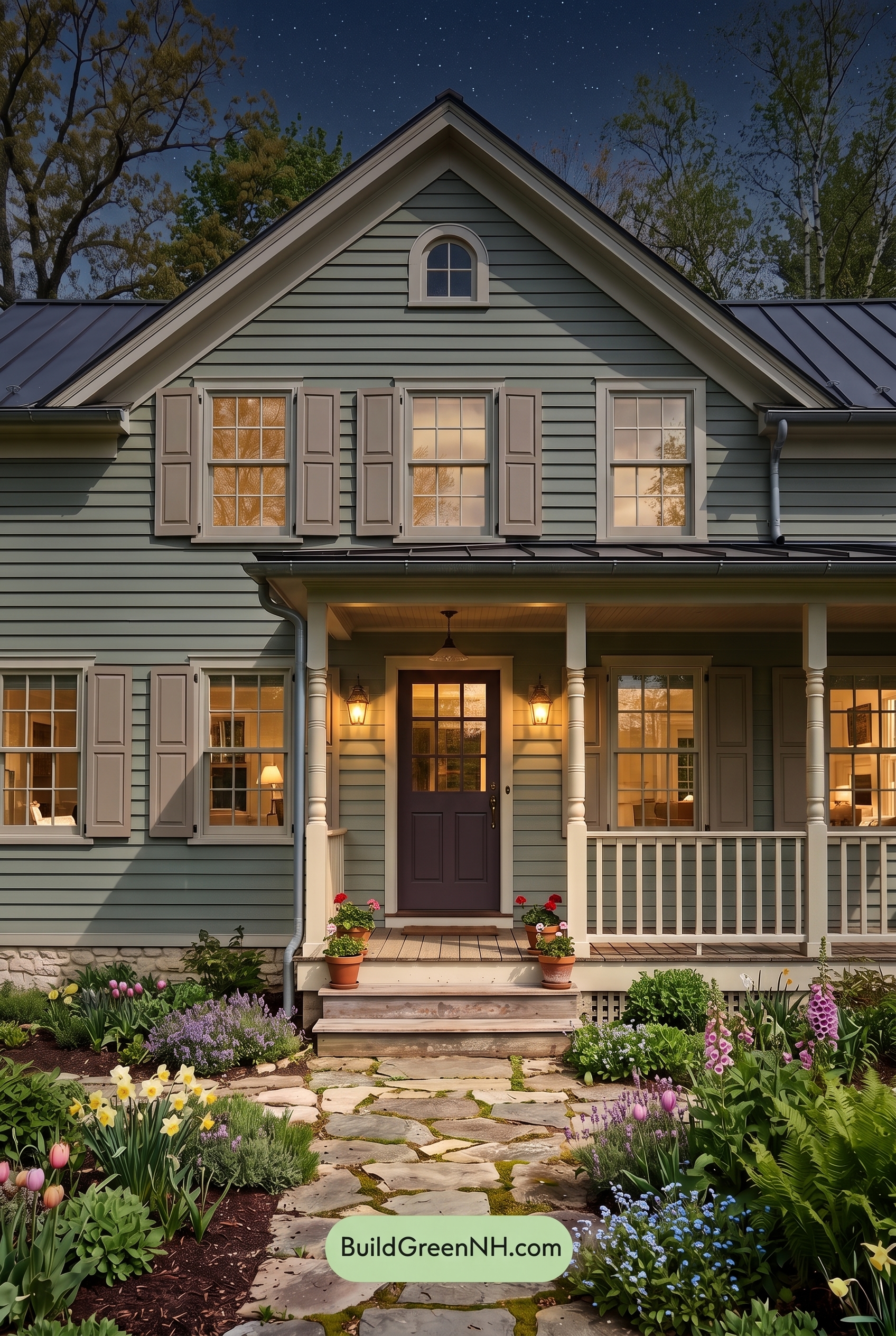 Green Farmhouse Exterior Color Scheme: Willow Cream Glow - Nighttime