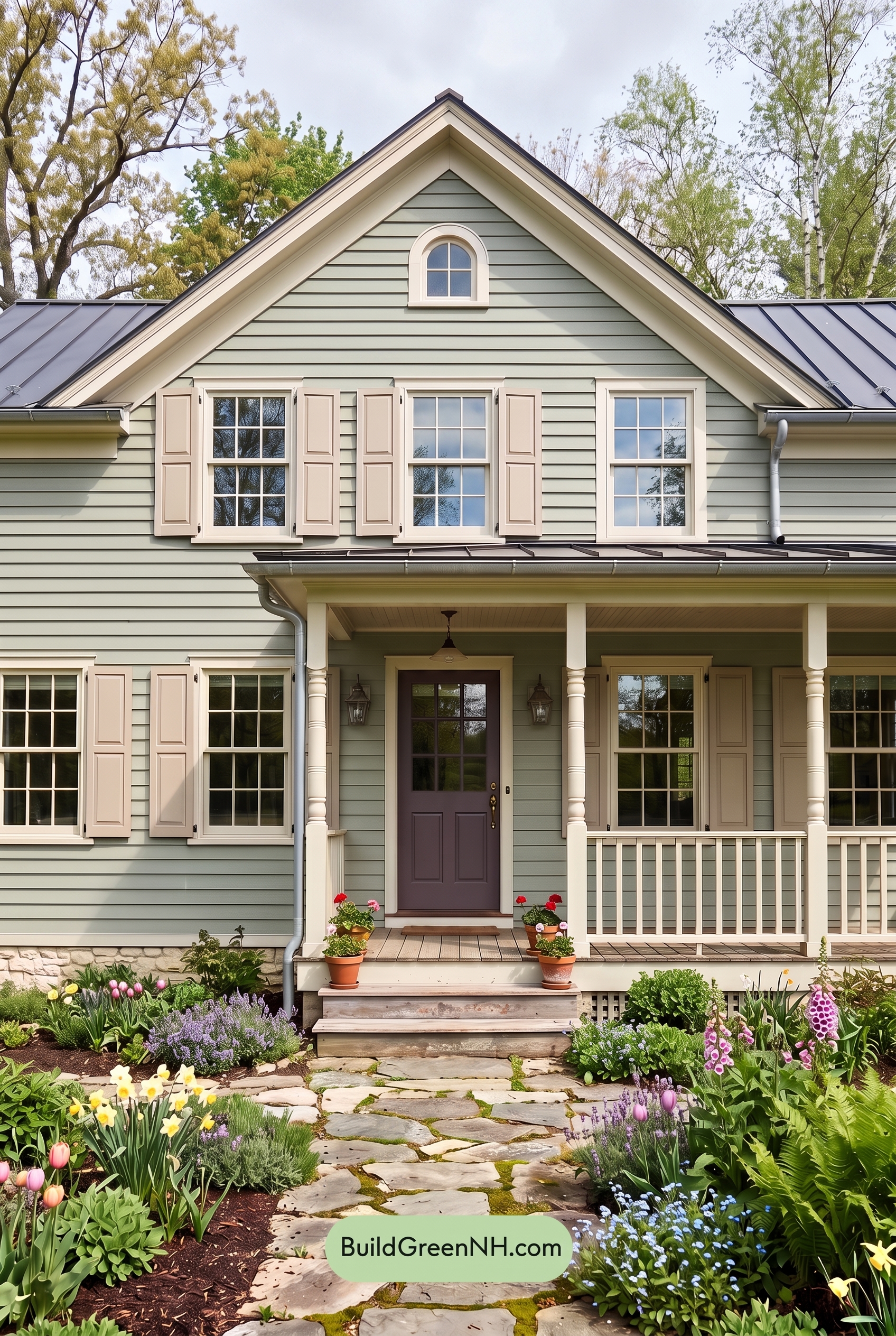 Green Farmhouse Exterior Color Scheme: Willow Cream Glow - Overcast
