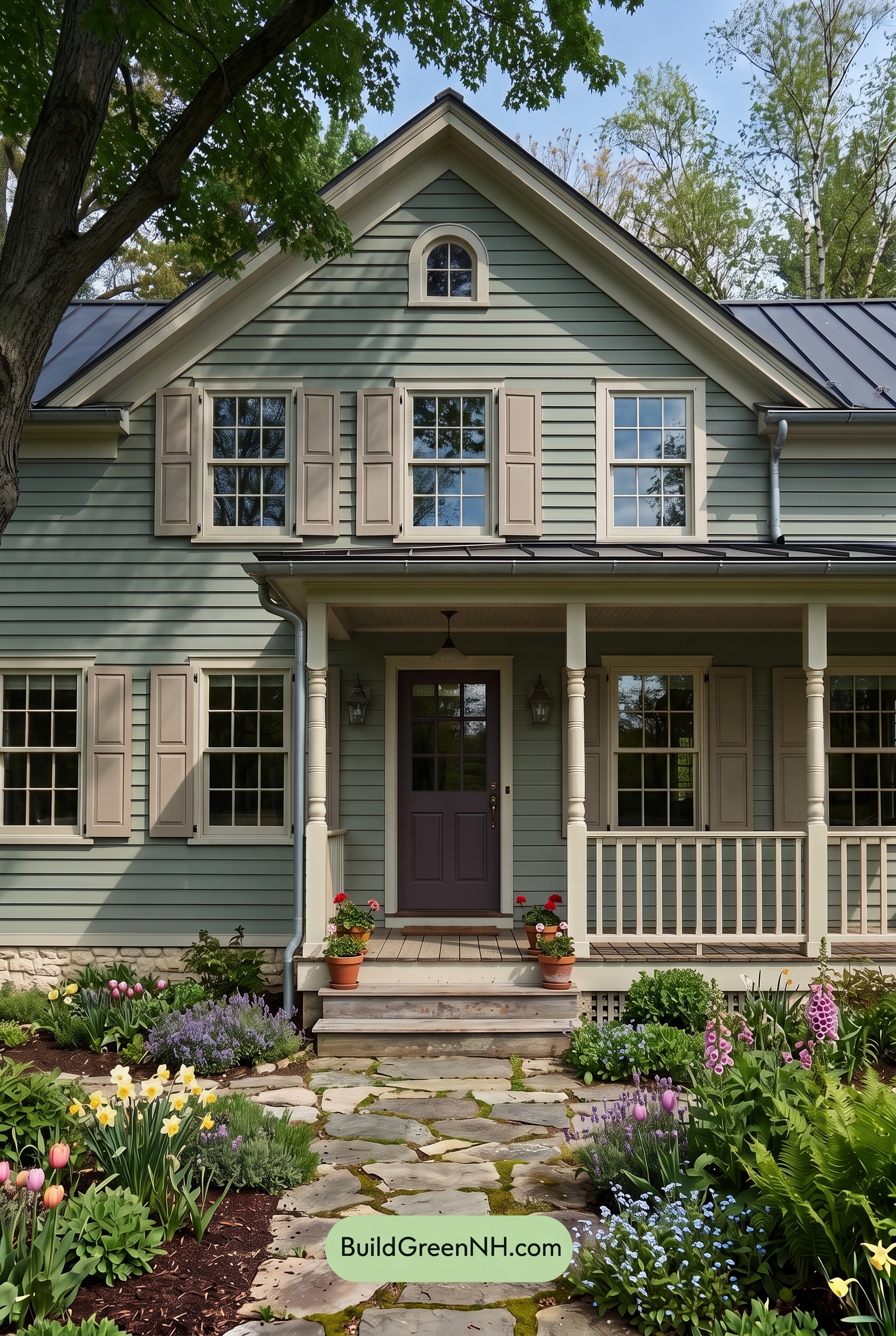 Green Farmhouse Exterior Color Scheme: Willow Cream Glow - Shade