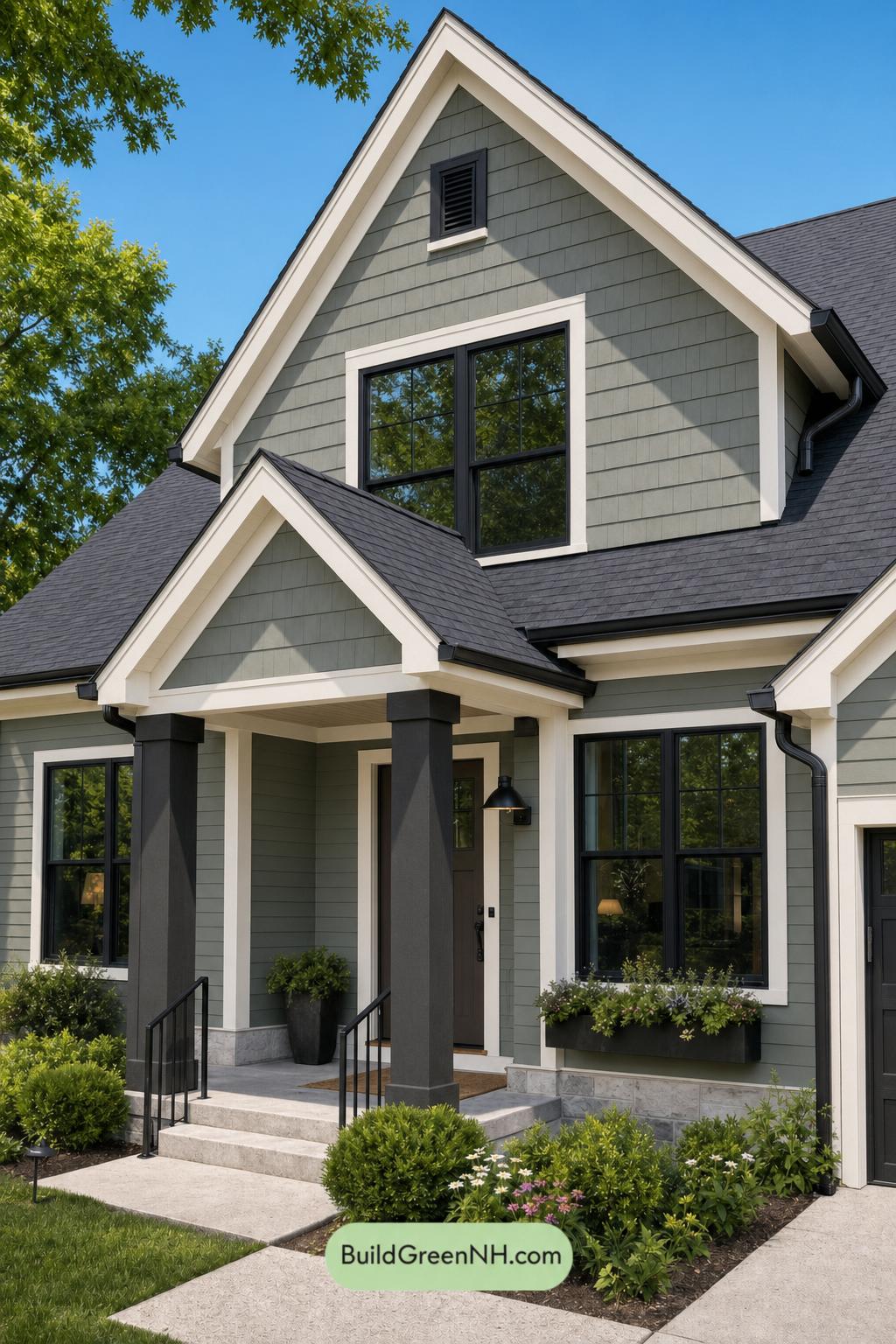 Green House Exterior with Black Roof Color Scheme: Basilic Shadow