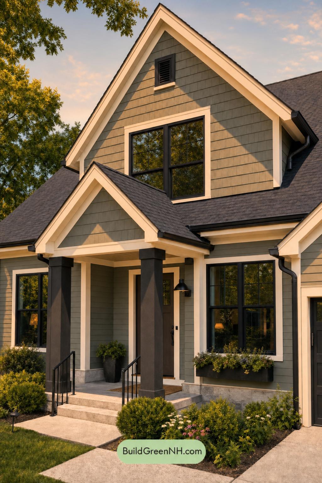 Green House Exterior with Black Roof Color Scheme: Basilic Shadow - Golden Hour