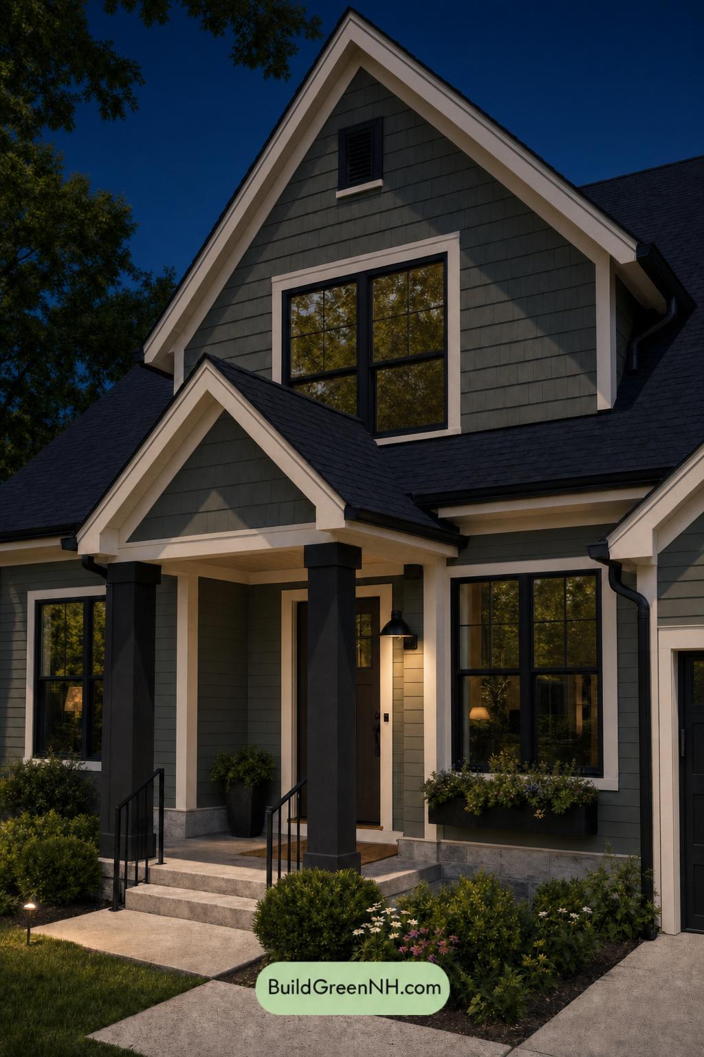 Green House Exterior with Black Roof Color Scheme: Basilic Shadow - Nighttime