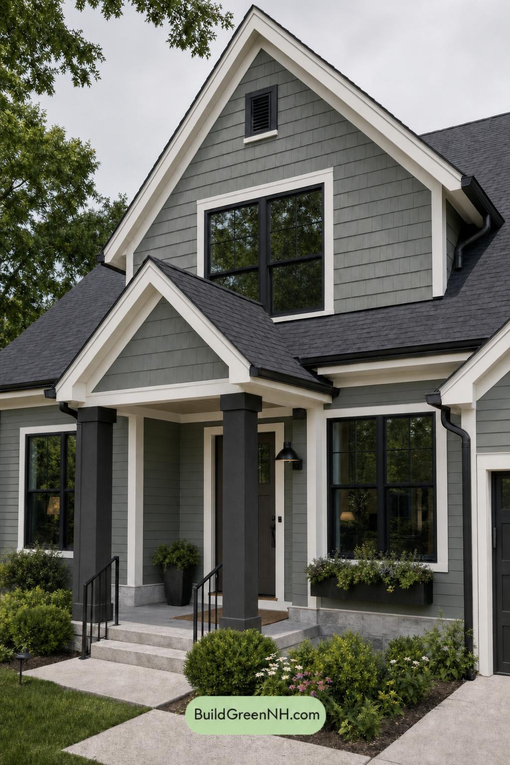 Green House Exterior with Black Roof Color Scheme: Basilic Shadow - Overcast
