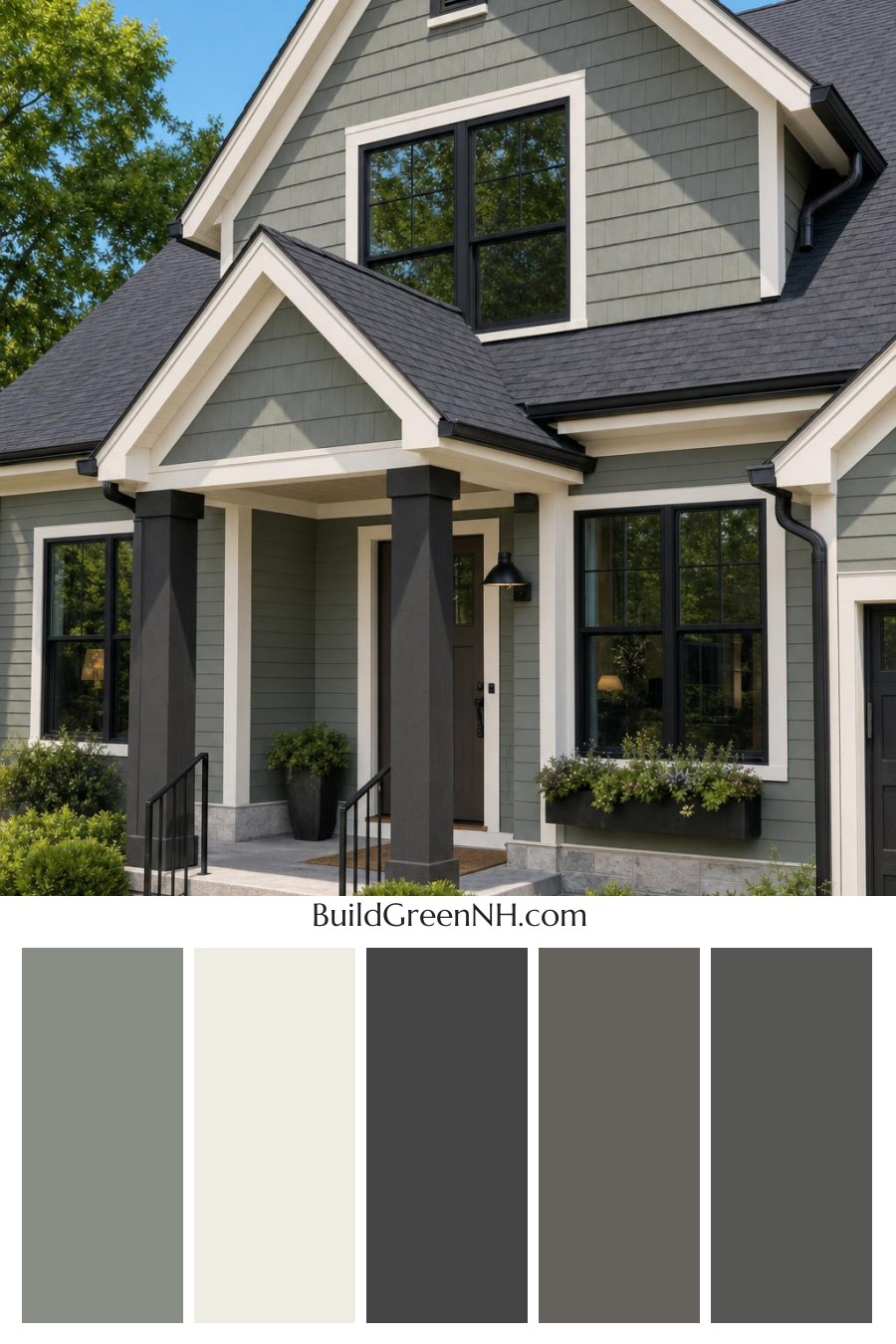 Green House Exterior with Black Roof Color Scheme: Basilic Shadow