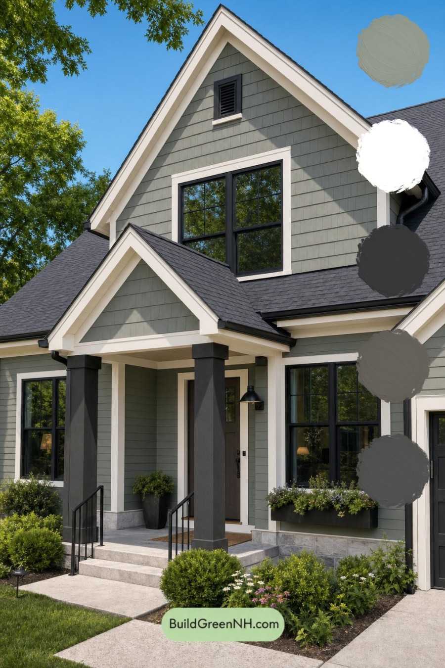 Green House Exterior with Black Roof Color Scheme: Basilic Shadow