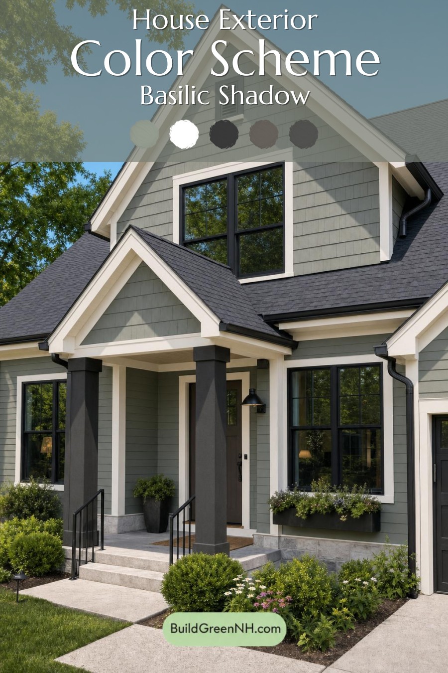 Green House Exterior with Black Roof Color Scheme: Basilic Shadow