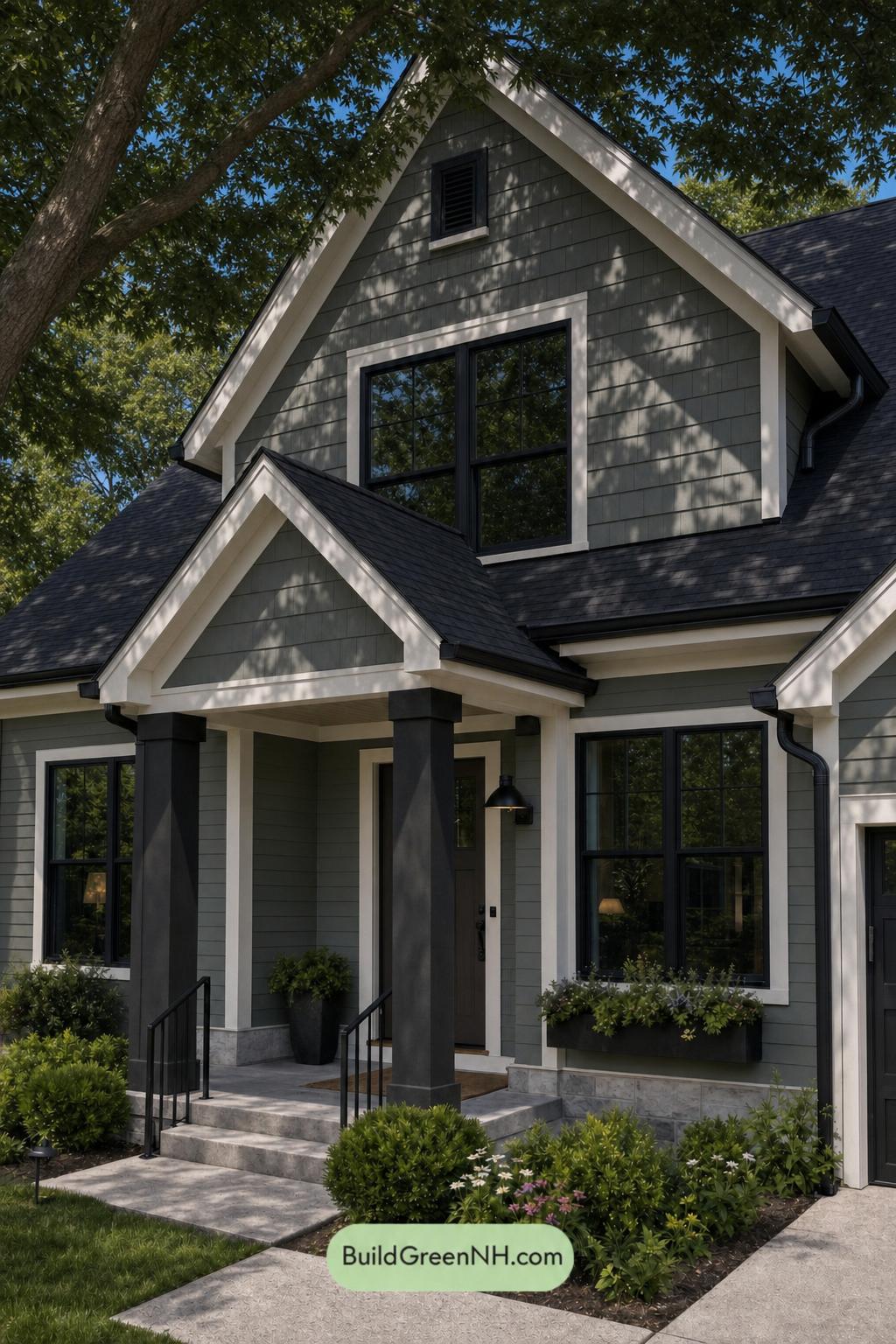 Green House Exterior with Black Roof Color Scheme: Basilic Shadow - Shade