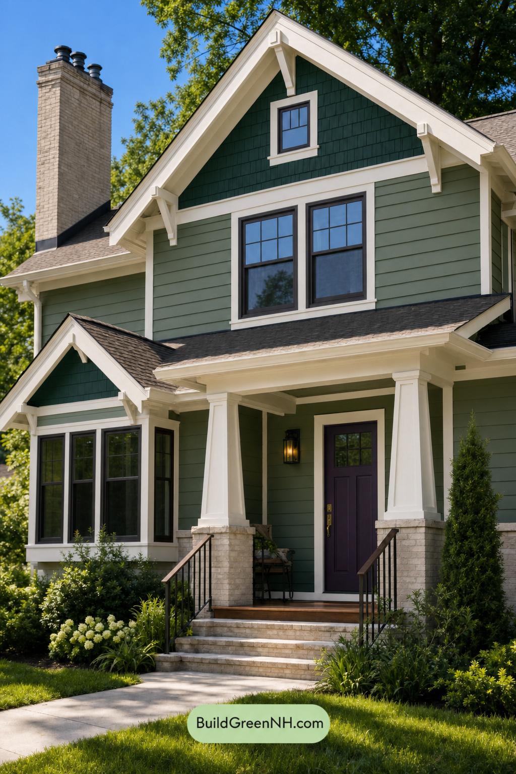 Green House Exterior with Black Roof Color Scheme: Cypress Door Glow