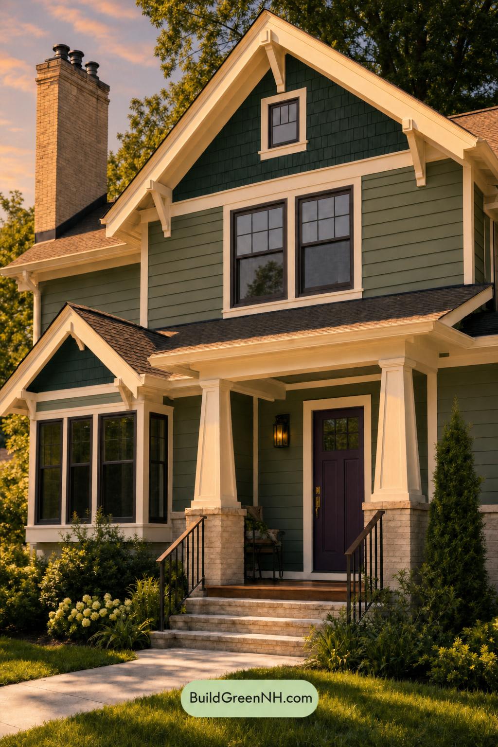 Green House Exterior with Black Roof Color Scheme: Cypress Door Glow - Golden Hour