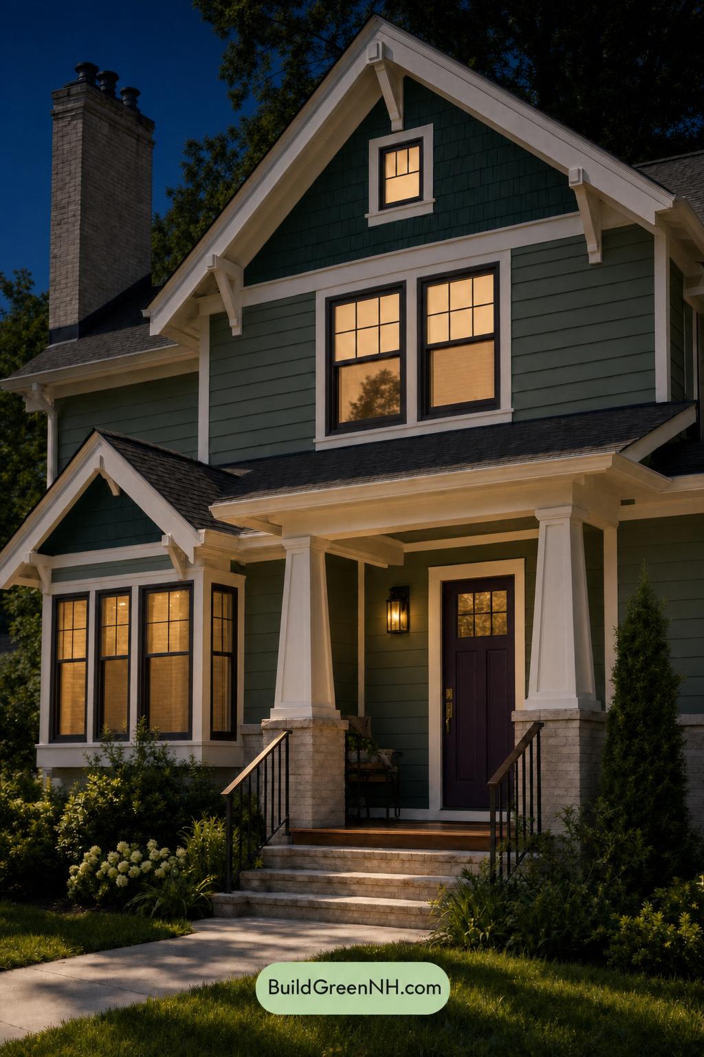 Green House Exterior with Black Roof Color Scheme: Cypress Door Glow - Nighttime