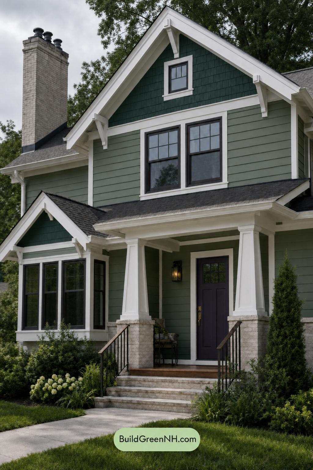 Green House Exterior with Black Roof Color Scheme: Cypress Door Glow - Overcast