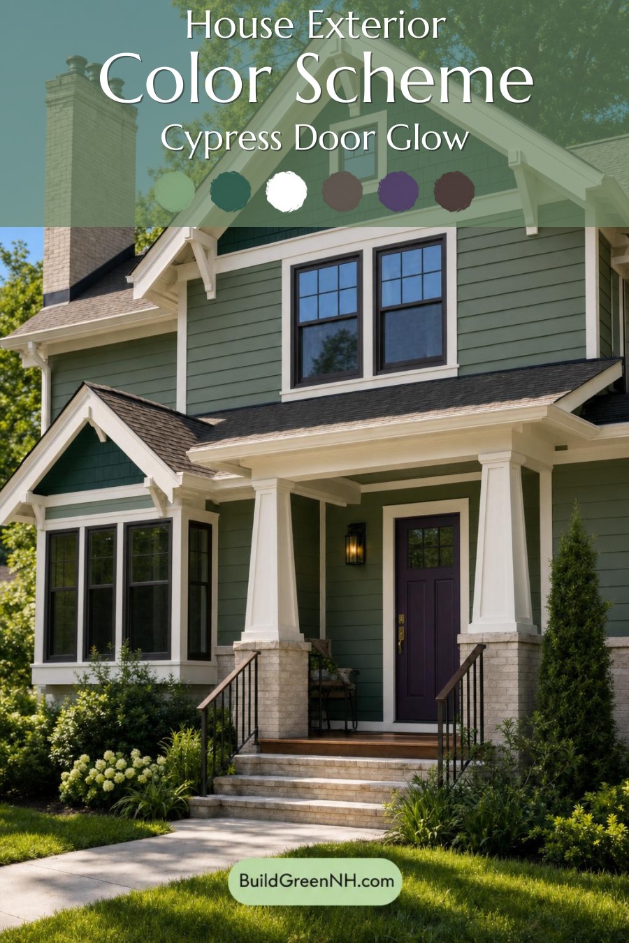 Green House Exterior with Black Roof Color Scheme: Cypress Door Glow