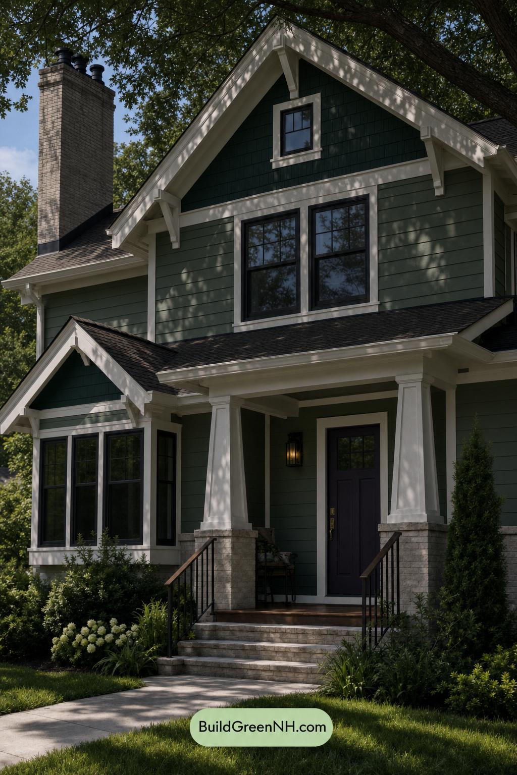 Green House Exterior with Black Roof Color Scheme: Cypress Door Glow - Shade