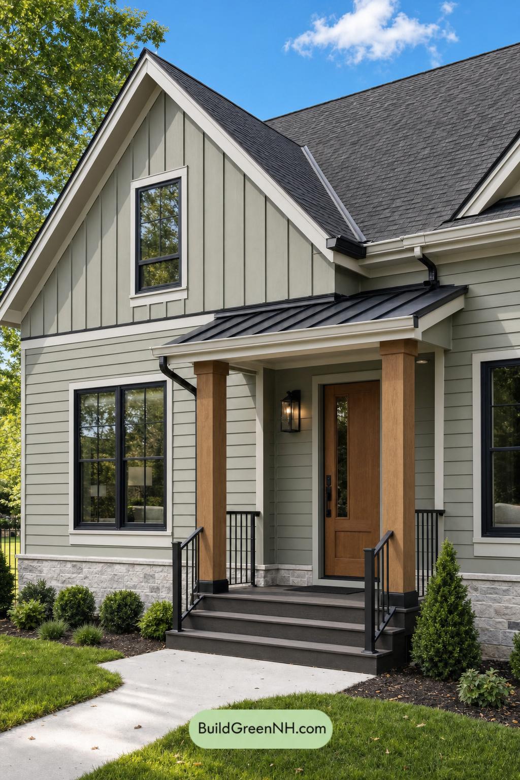Green House Exterior with Black Roof Color Scheme: Eucalyptus Amber Poise
