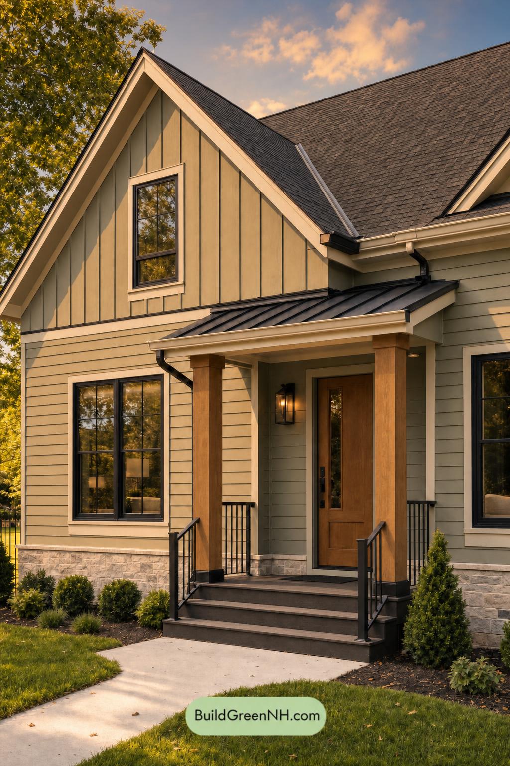 Green House Exterior with Black Roof Color Scheme: Eucalyptus Amber Poise - Golden Hour
