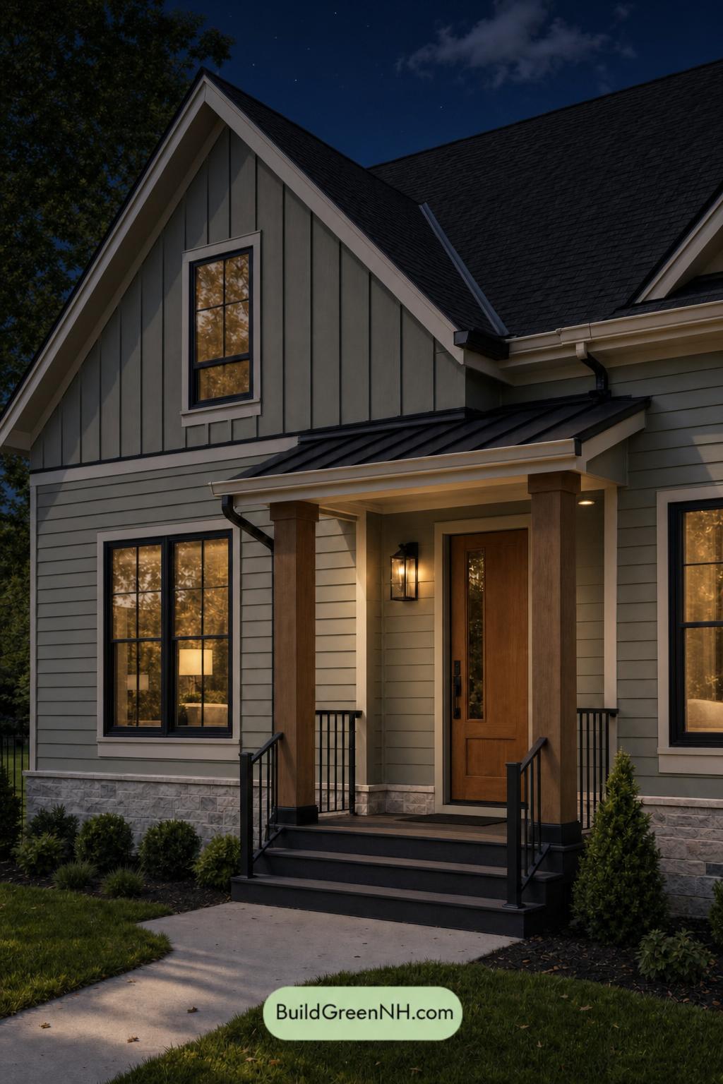 Green House Exterior with Black Roof Color Scheme: Eucalyptus Amber Poise - Nighttime