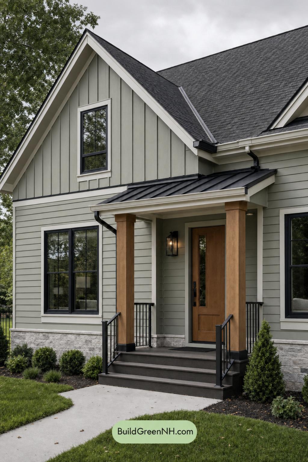 Green House Exterior with Black Roof Color Scheme: Eucalyptus Amber Poise - Overcast