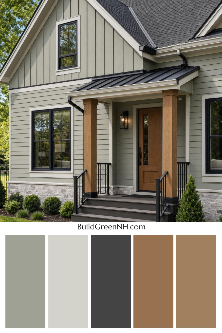 Green House Exterior with Black Roof Color Scheme: Eucalyptus Amber Poise