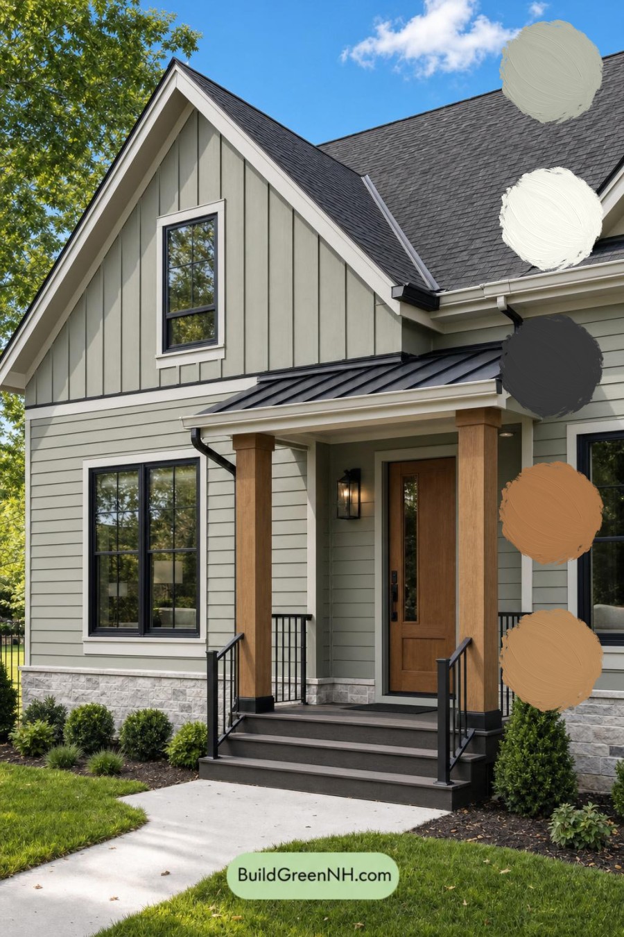 Green House Exterior with Black Roof Color Scheme: Eucalyptus Amber Poise