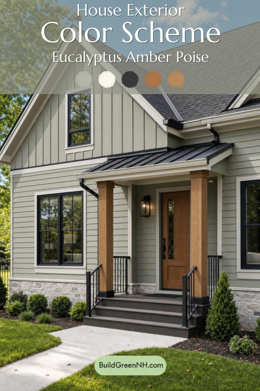 Green House Exterior with Black Roof Color Scheme: Eucalyptus Amber Poise