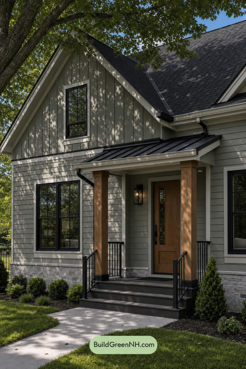 Green House Exterior with Black Roof Color Scheme: Eucalyptus Amber Poise - Shade