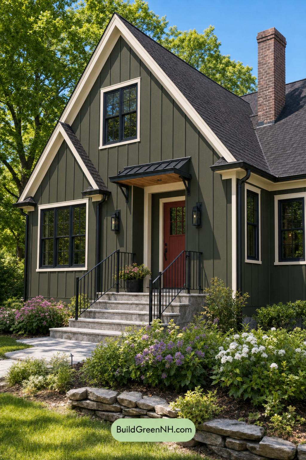 Green House Exterior with Black Roof Color Scheme: Fern Black Ember