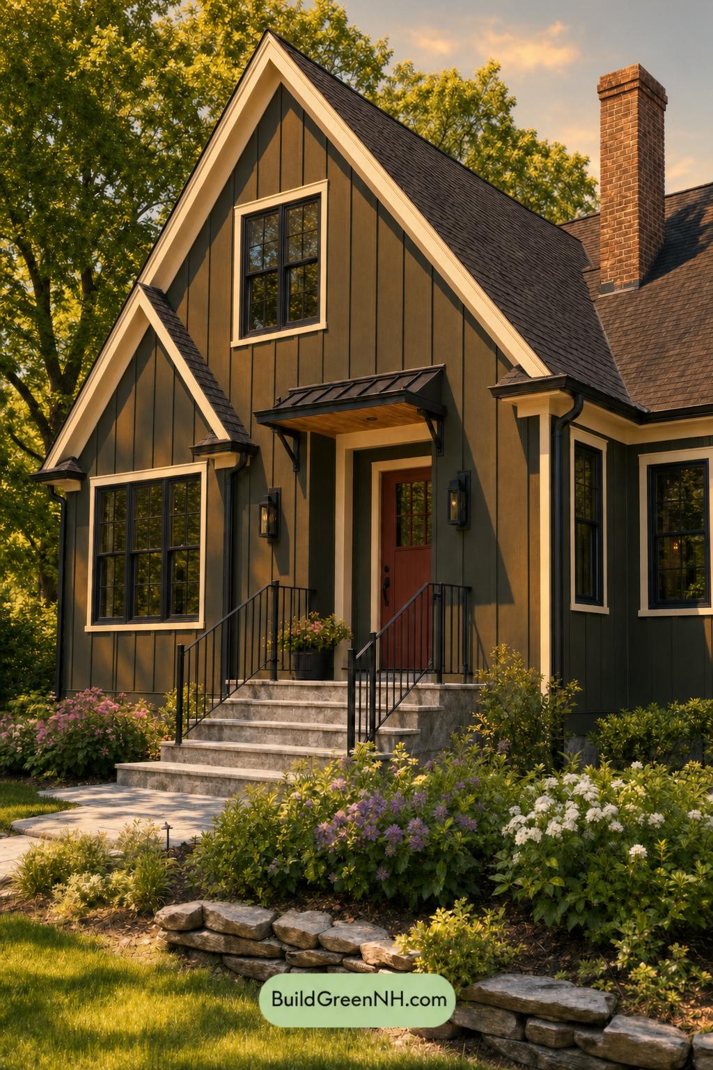 Green House Exterior with Black Roof Color Scheme: Fern Black Ember - Golden Hour