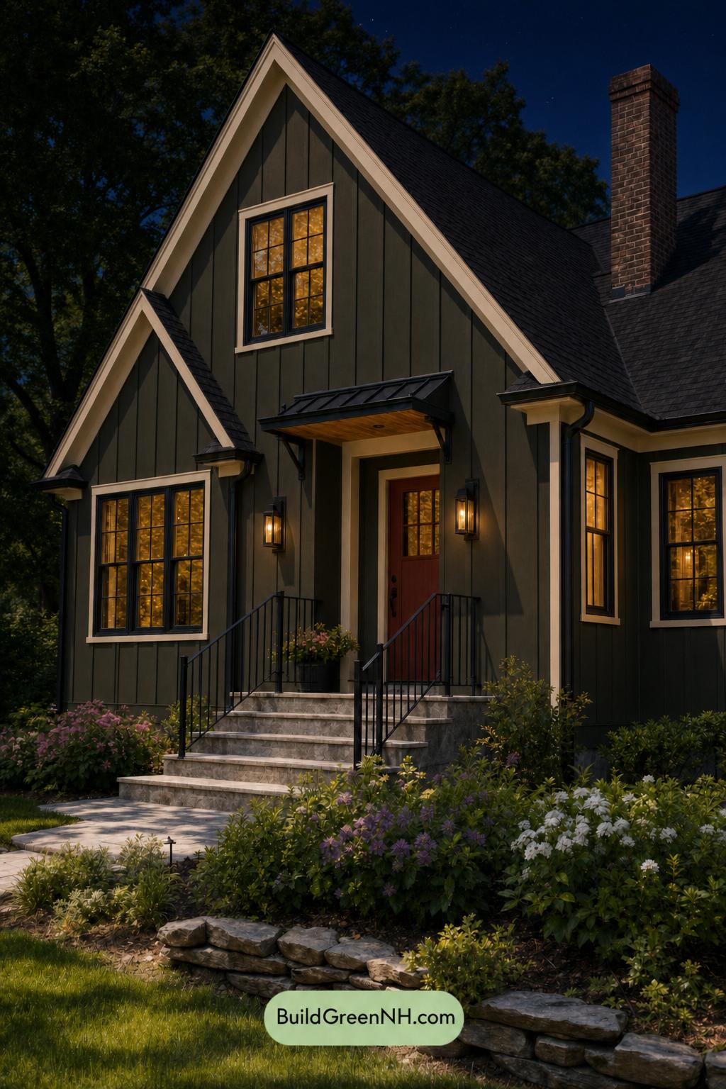 Green House Exterior with Black Roof Color Scheme: Fern Black Ember - Nighttime