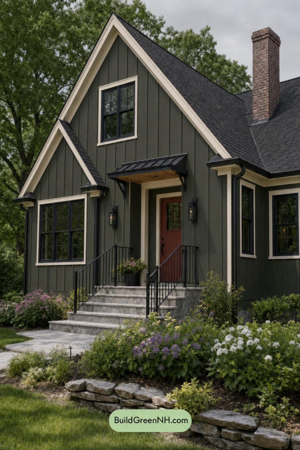 Green House Exterior with Black Roof Color Scheme: Fern Black Ember - Overcast