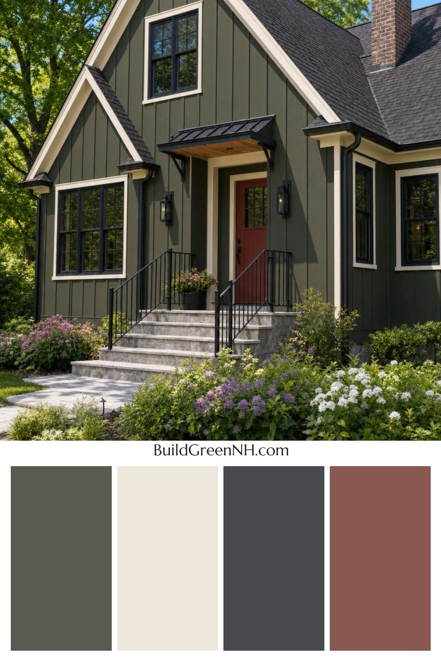 Green House Exterior with Black Roof Color Scheme: Fern Black Ember