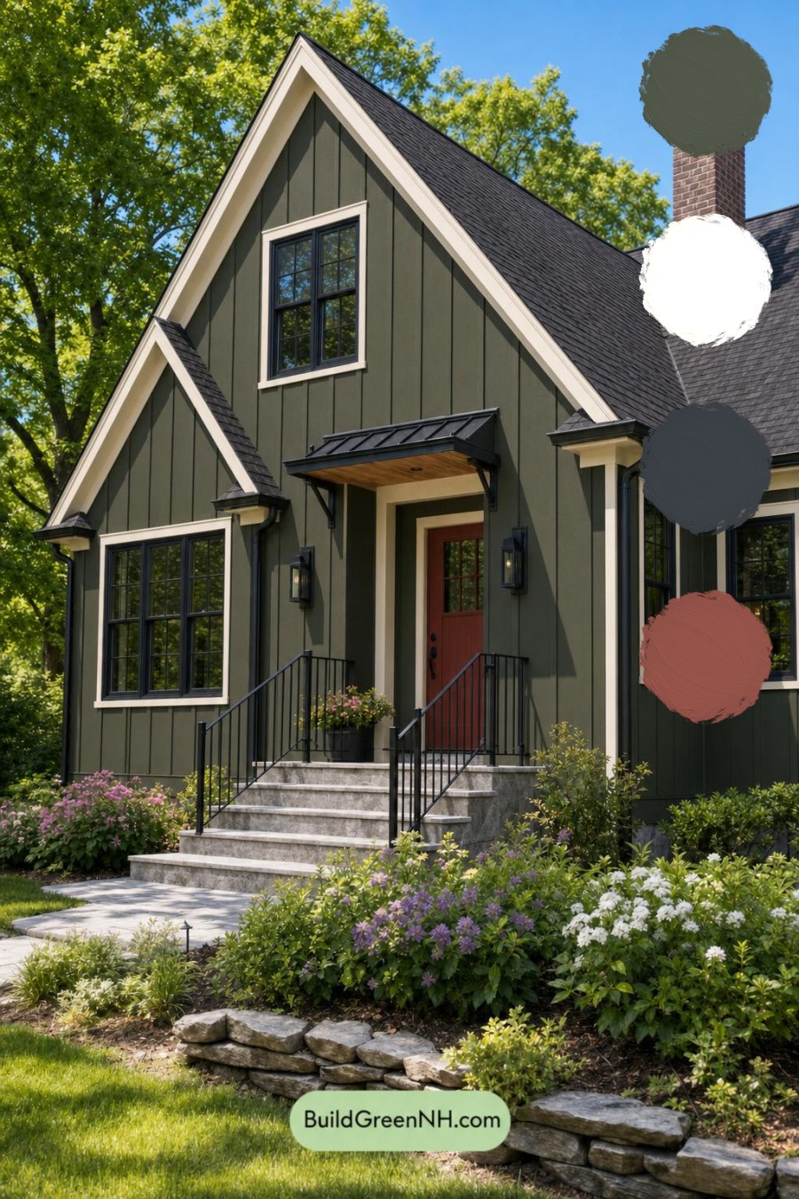 Green House Exterior with Black Roof Color Scheme: Fern Black Ember