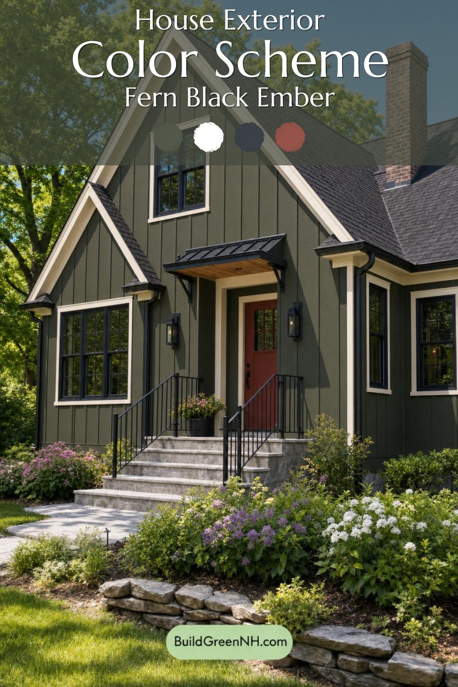 Green House Exterior with Black Roof Color Scheme: Fern Black Ember