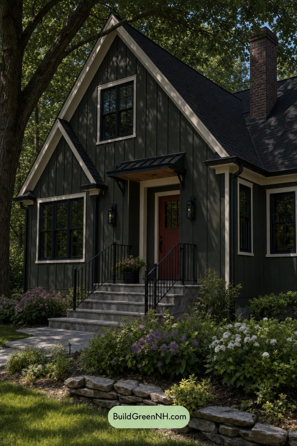 Green House Exterior with Black Roof Color Scheme: Fern Black Ember - Shade