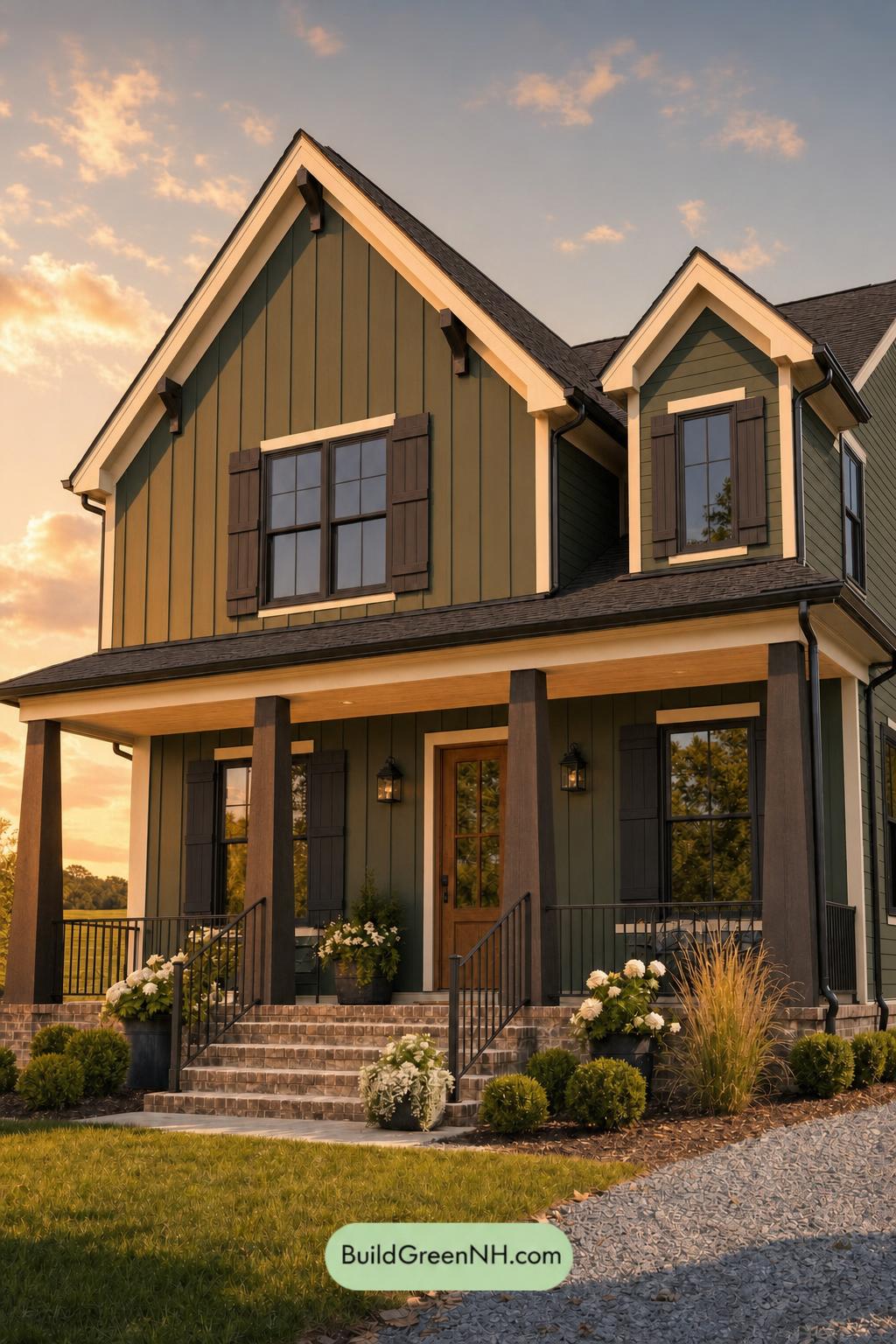 Green House Exterior with Black Roof Color Scheme: Hedgerow Onyx - Golden Hour