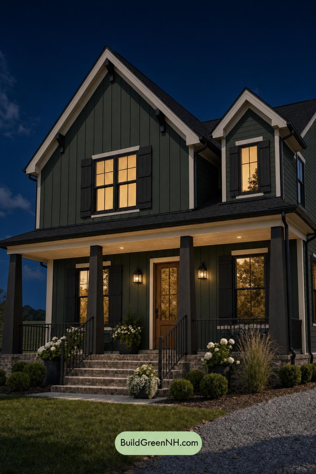 Green House Exterior with Black Roof Color Scheme: Hedgerow Onyx - Nighttime