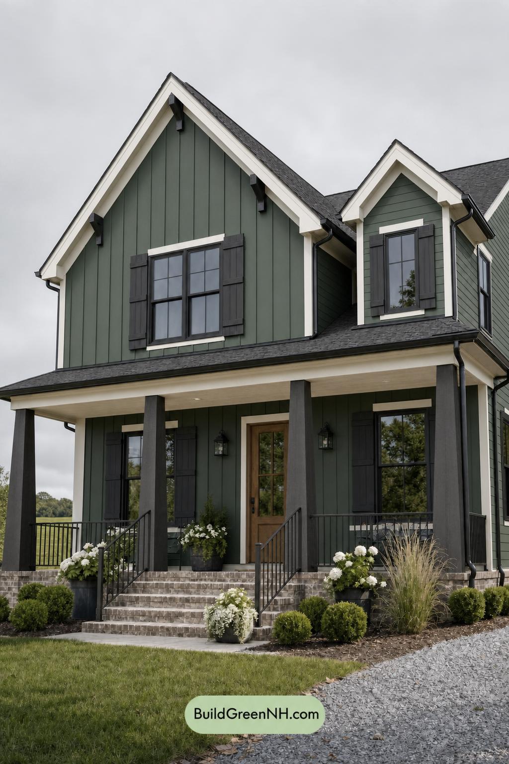 Green House Exterior with Black Roof Color Scheme: Hedgerow Onyx - Overcast