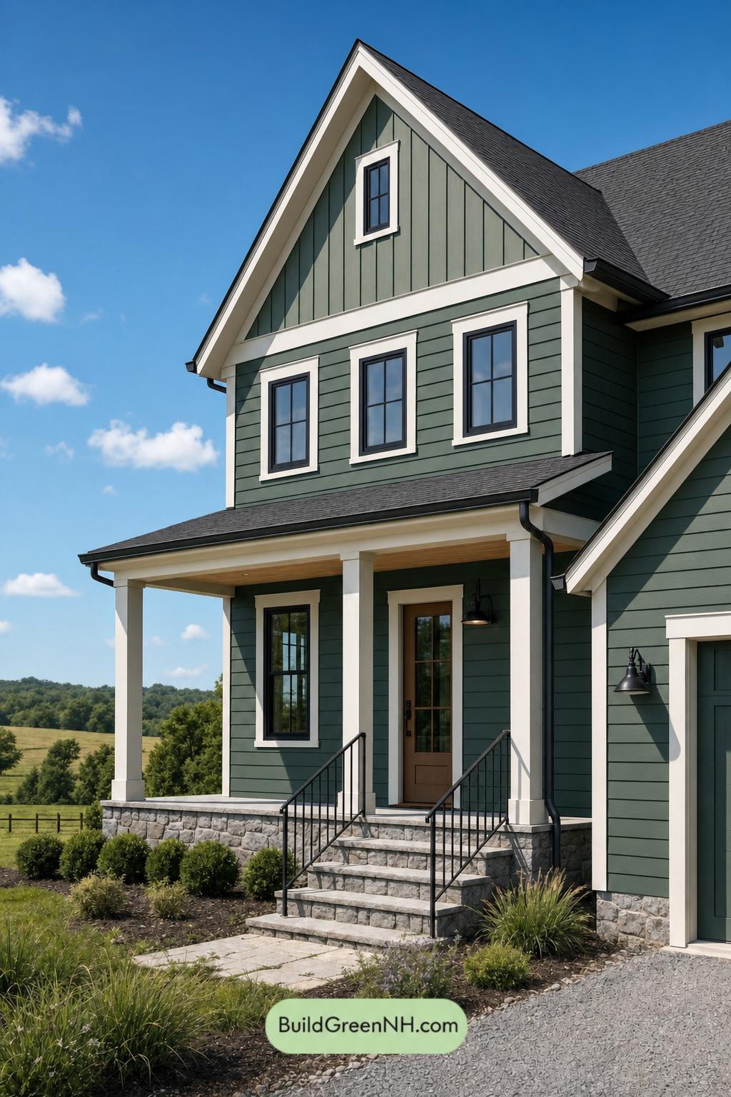 Green House Exterior with Black Roof Color Scheme: Juniper Porch Song