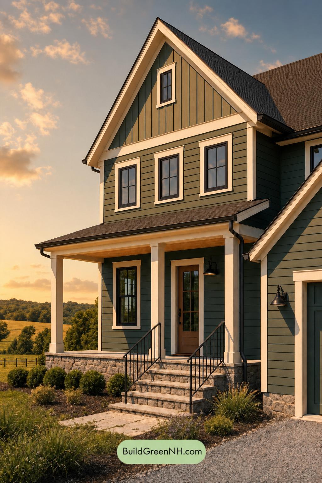 Green House Exterior with Black Roof Color Scheme: Juniper Porch Song - Golden Hour