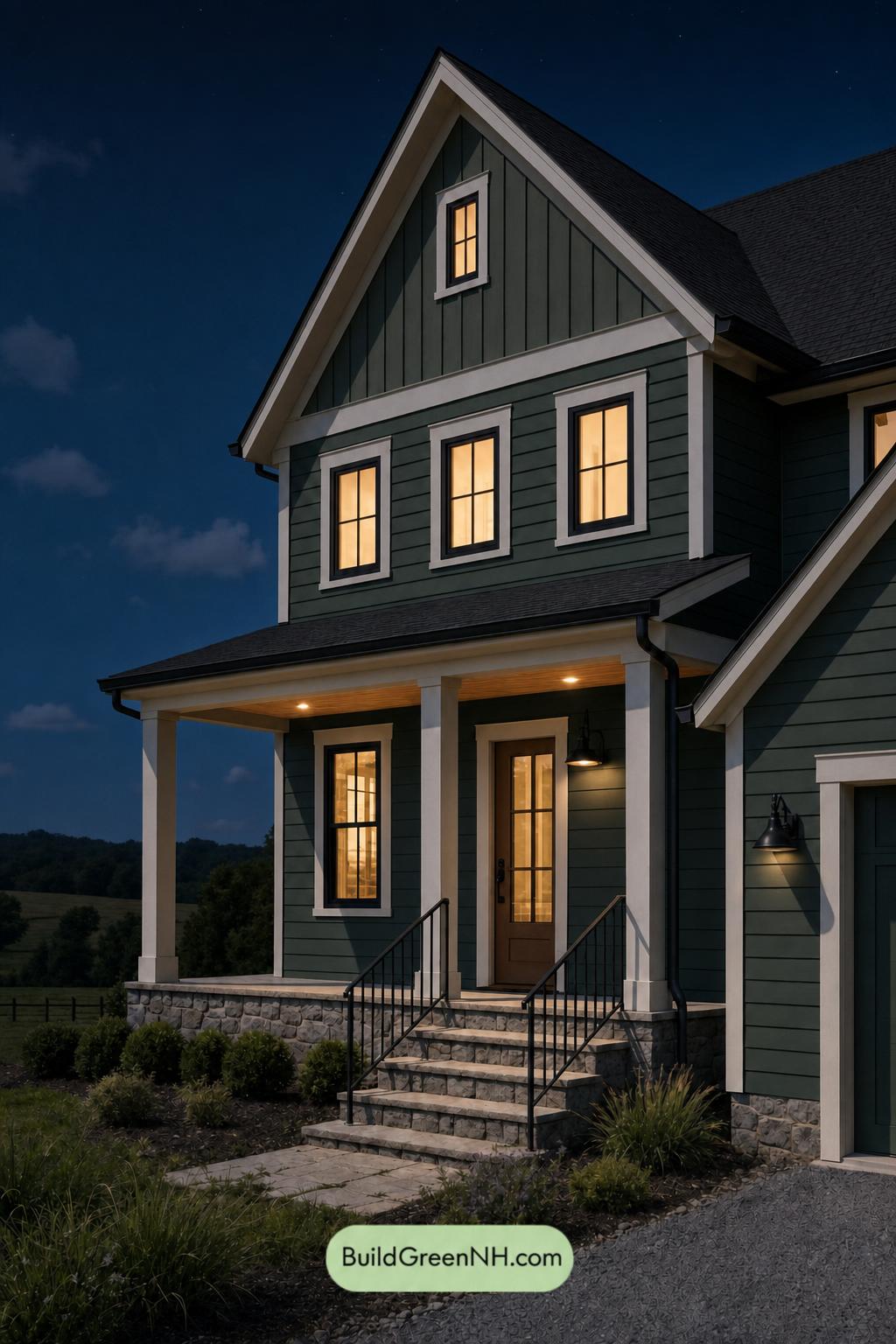 Green House Exterior with Black Roof Color Scheme: Juniper Porch Song - Nighttime
