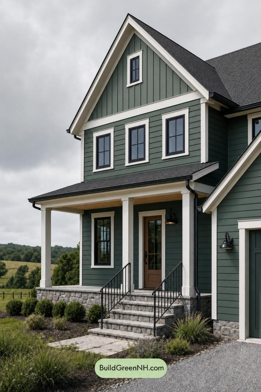Green House Exterior with Black Roof Color Scheme: Juniper Porch Song - Overcast
