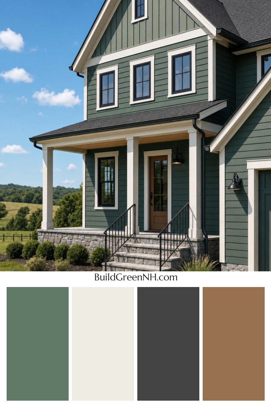 Green House Exterior with Black Roof Color Scheme: Juniper Porch Song