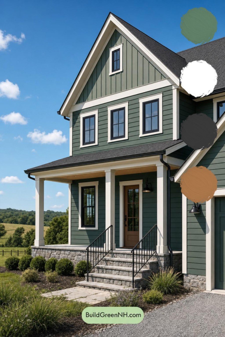 Green House Exterior with Black Roof Color Scheme: Juniper Porch Song
