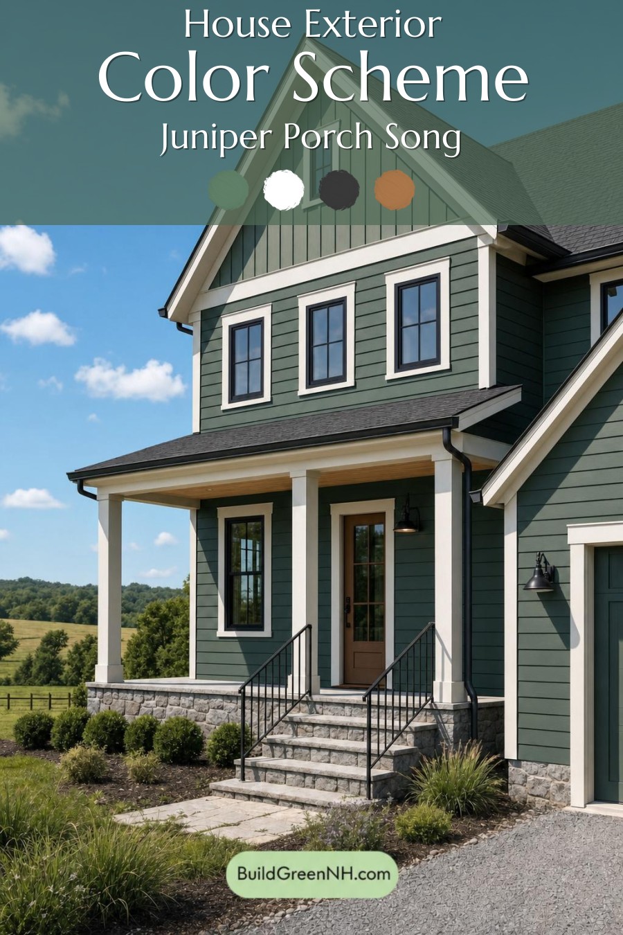 Green House Exterior with Black Roof Color Scheme: Juniper Porch Song