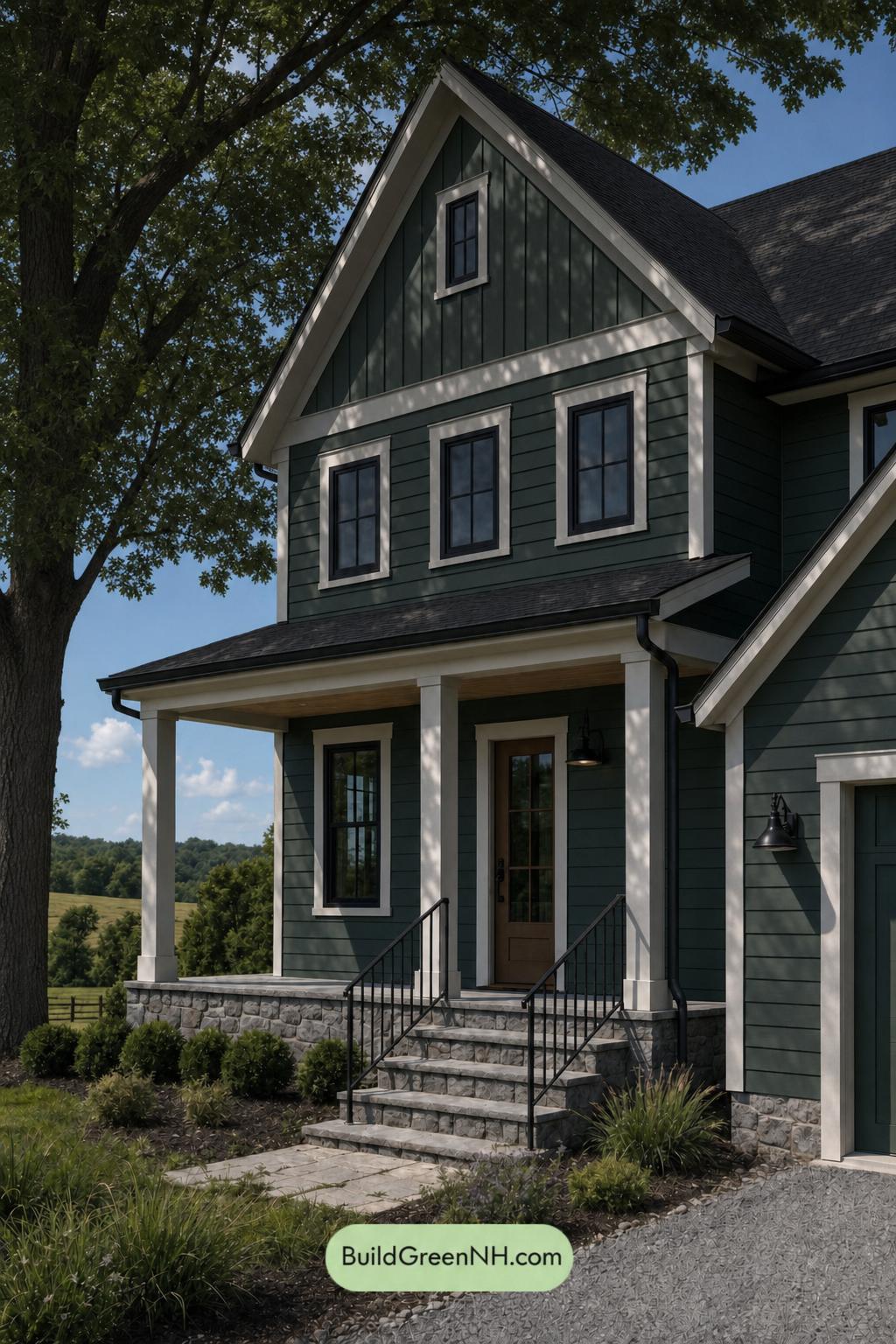 Green House Exterior with Black Roof Color Scheme: Juniper Porch Song - Shade