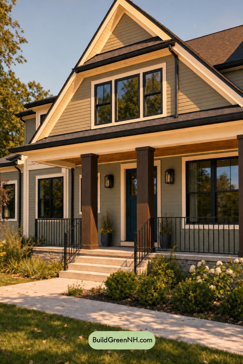 Green House Exterior with Black Roof Color Scheme: Laurel Nightfall - Golden Hour