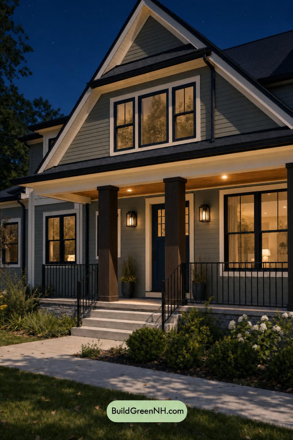 Green House Exterior with Black Roof Color Scheme: Laurel Nightfall - Nighttime