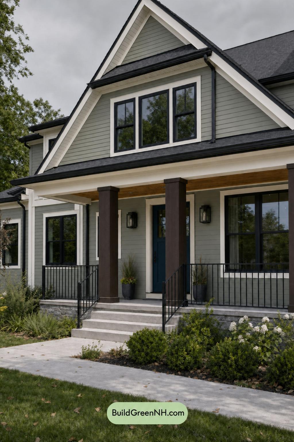 Green House Exterior with Black Roof Color Scheme: Laurel Nightfall - Overcast