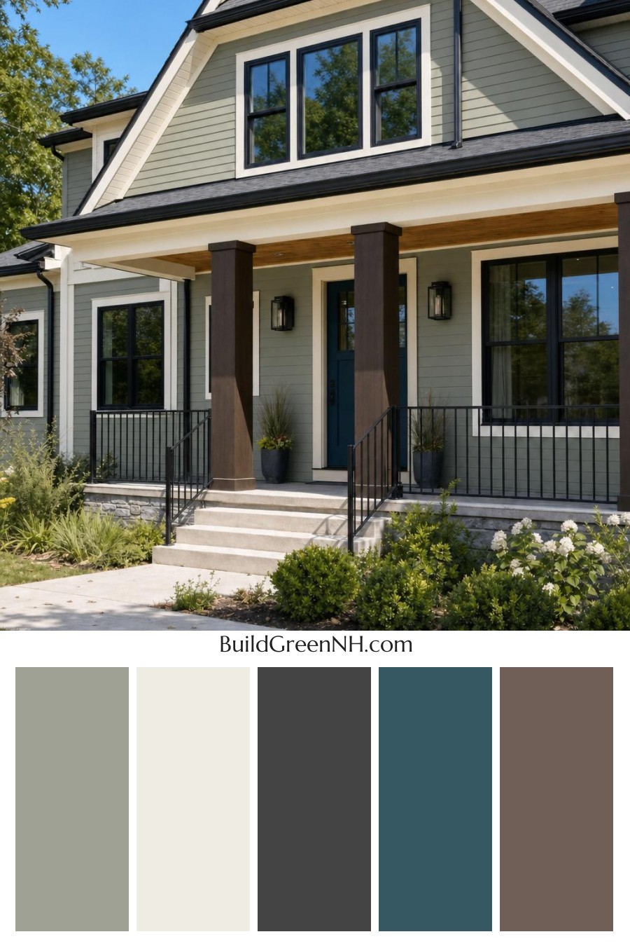 Green House Exterior with Black Roof Color Scheme: Laurel Nightfall