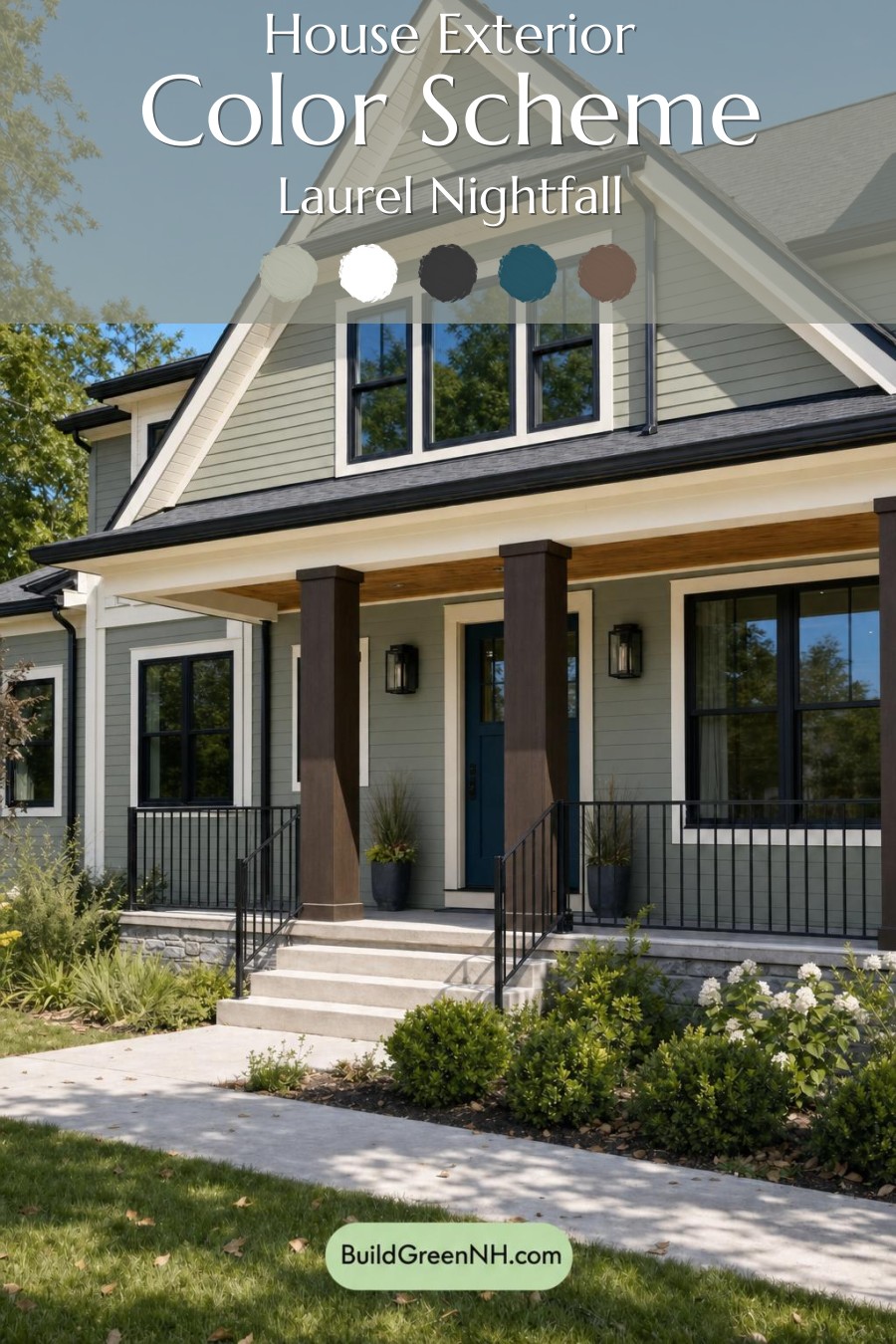 Green House Exterior with Black Roof Color Scheme: Laurel Nightfall